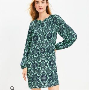 LOFT Blue & Green Pleated Tile Long Sleeve Swing Dress